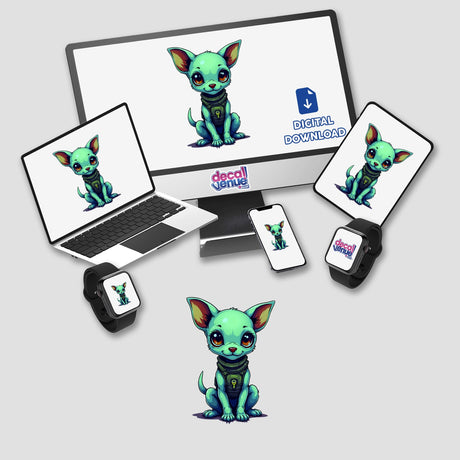 Digital download of a cute green dog in a space outfit shown on multiple devices, ideal for dog and space enthusiasts.