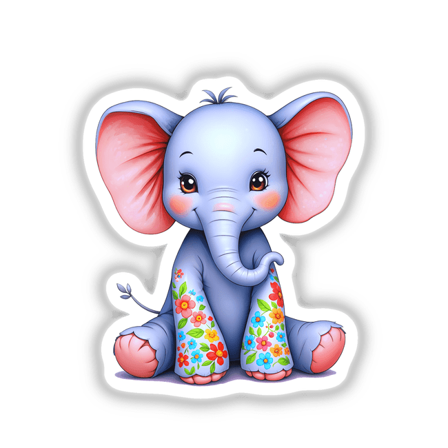 Cute Elephant With Flowers cartoon design, featuring a whimsical illustration of a baby elephant adorned with floral patterns, available as stickers or digital artwork from Decal Venue.