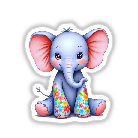 Cute Elephant With Flowers cartoon design, featuring a whimsical illustration of a baby elephant adorned with floral patterns, available as stickers or digital artwork from Decal Venue.