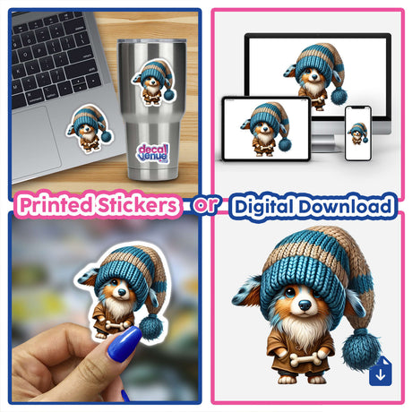 Cartoon collage featuring the Australian Shepherd Gnome wearing a knit hat, holding a dog bone, available as stickers or digital artwork at Decal Venue.