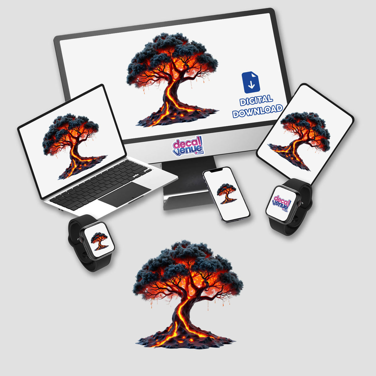 Molten Lava Tree artwork showcased on a computer monitor and laptop, featuring a tree with lava flowing from it, available as unique stickers or digital artwork from Decal Venue.