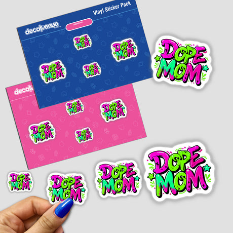 Dope Mom sticker pack featuring vibrant designs and playful text, showcasing unique elements like fingernails and stars, available as both vinyl stickers and digital artwork from Decal Venue.