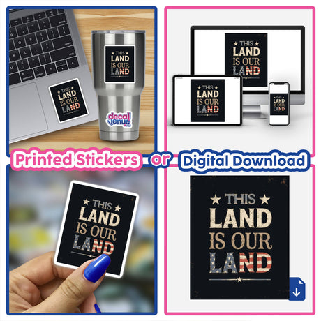 This Land is Your Land Distressed Vintage Typography Sticker or Clipart displayed on a laptop, showcasing its versatile use as a digital artwork or sticker with commercial rights.