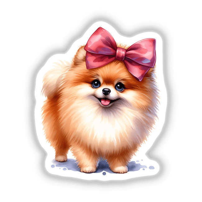 Fluffy Pomeranian dog with large pink bow digital artwork