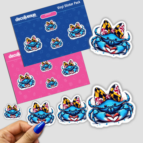 Hand holding a Maryland Flag Coquette Bow Claw Heart Crab sticker featuring a cartoon crab with a bow, available as stickers or digital artwork from Decal Venue.
