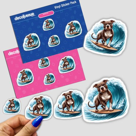 Surfer Pitbull Dog vinyl stickers and digital downloads, featuring an adorable pitbull dog riding a wave, available at Decal Venue online store.