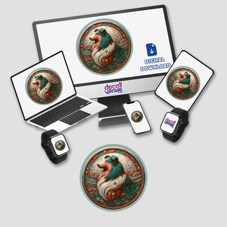 Detailed digital artwork of a majestic sheltie dog, featured on various products including a laptop, phone, watch, and stickers. The vibrant image showcases the dog's flowing fur and playful expression, surrounded by a decorative floral pattern. The Decal Venue store logo and "Digital Download" text indicate this is a downloadable digital artwork product.