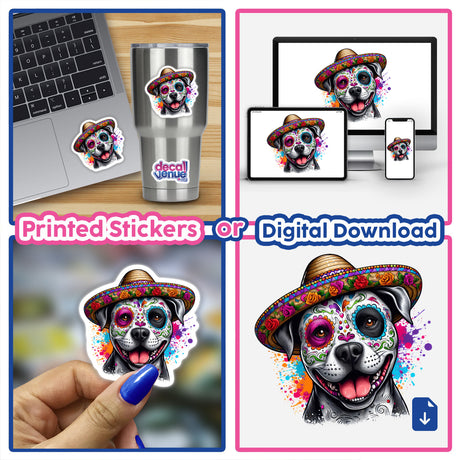 Sugar Skull Pitbull Dog sticker collage showcasing the design on various surfaces, including a laptop and cup, emphasizing its versatility as either a sticker or digital artwork.