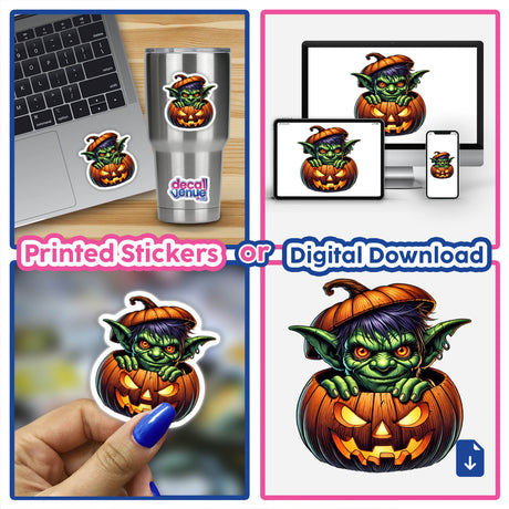 Playful goblin peeking out of Halloween pumpkin - digital artwork for stickers and downloads by DecalVenue.