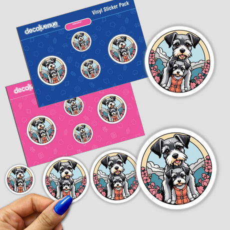 Colorful digital artwork featuring adorable schnauzer dogs, a mother and her puppies, displayed on sticker packaging from the Decal Venue store.