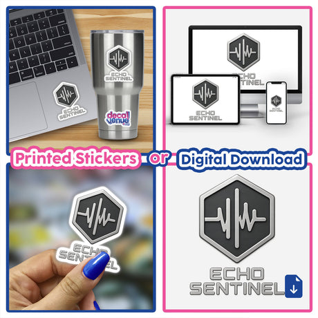 Echo Sentinel – RPG-Style Skill Badge depicting a silver soundwave design, available as a sticker or digital artwork, representing unique creativity from Decal Venue's collection.