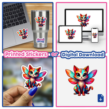 A collage showcasing A Cute Geometric Fairy Cat stickers and digital artwork, featuring a whimsical cartoon cat with wings, suitable for laptops and cups.