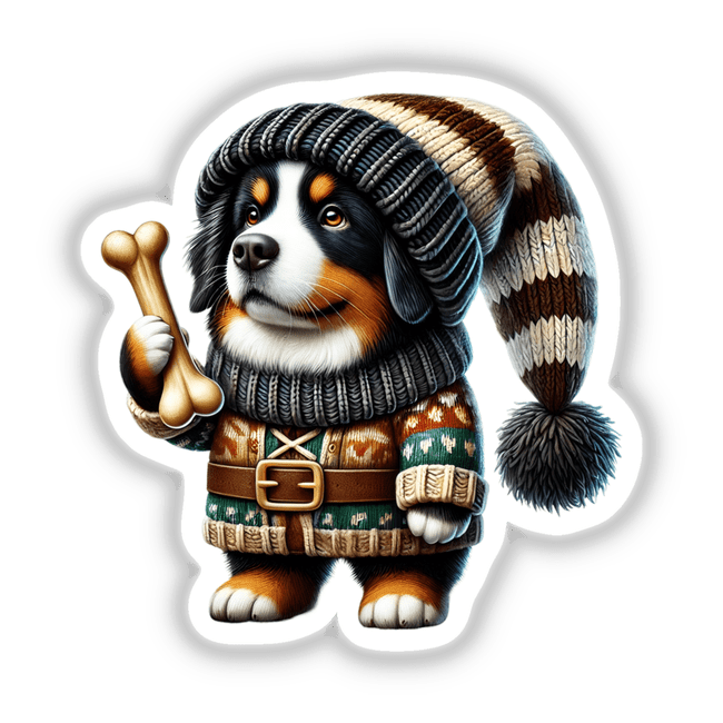 Detailed digital artwork of a Bernese Mountain Dog wearing a warm knitted hat and holding a bone in its paws, placed against a plain background.