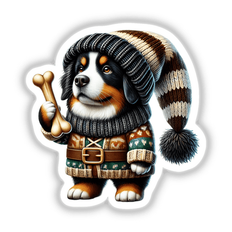 Detailed digital artwork of a Bernese Mountain Dog wearing a warm knitted hat and holding a bone in its paws, placed against a plain background.
