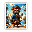 Cute Fantasy Raccoon Pirate cartoon holding a gold object, available as unique stickers or digital artwork from Decal Venue.