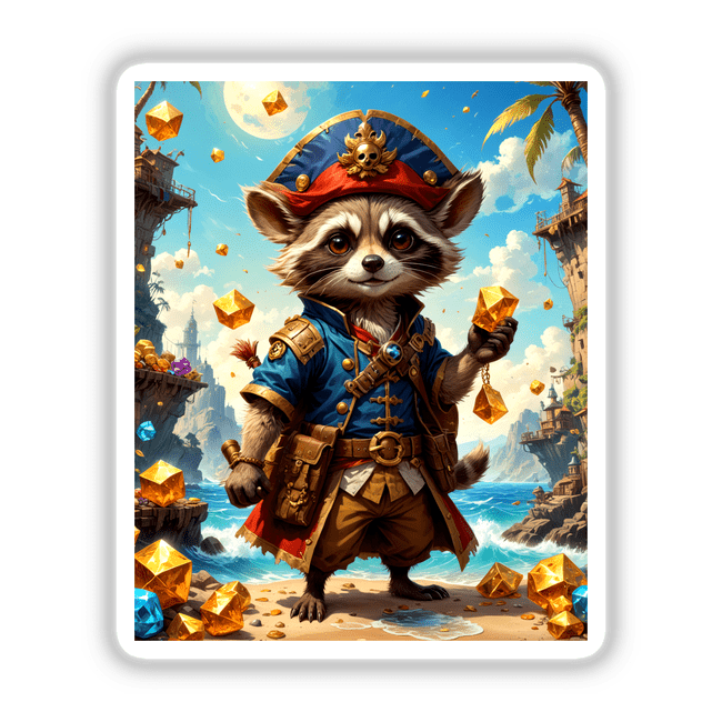 Cute Fantasy Raccoon Pirate cartoon holding a gold object, available as unique stickers or digital artwork from Decal Venue.