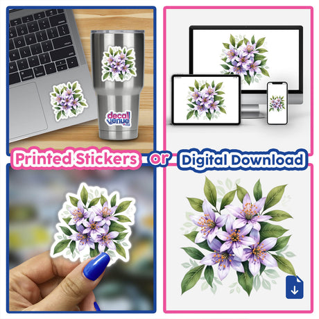 Elegant Citrus Blossom Clipart – Pale Purple Floral Design with Blank Space for Quotes, featuring a collage of a laptop with a floral sticker and a close-up of the decal.