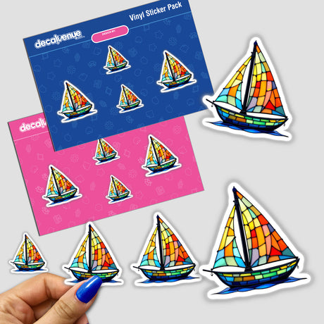 Sailboat Stained Glass Style stickers featuring vibrant sailboat designs, available as stickers or digital artwork, showcasing intricate patterns typical of Decal Venue's unique collection.
