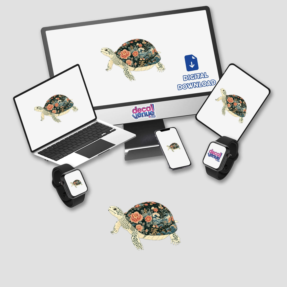 Chinoiserie Turtle design displayed on a computer monitor, laptop, and phone screen, featuring a turtle adorned with flowers. Available as unique stickers or digital artwork from Decal Venue.