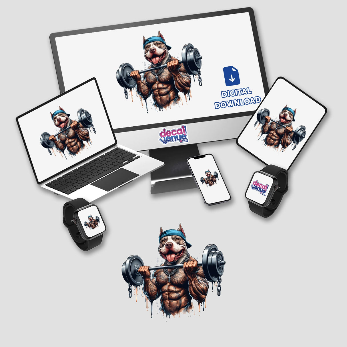 Muscular pitbull dog weightlifter with tattoos and unique digital artwork style