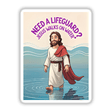 Cartoon of Jesus with long hair and beard, wearing a robe, humorously depicted walking on water. Part of Need A Lifeguard? Jesus Walks On Water Funny Quote stickers or digital artwork.