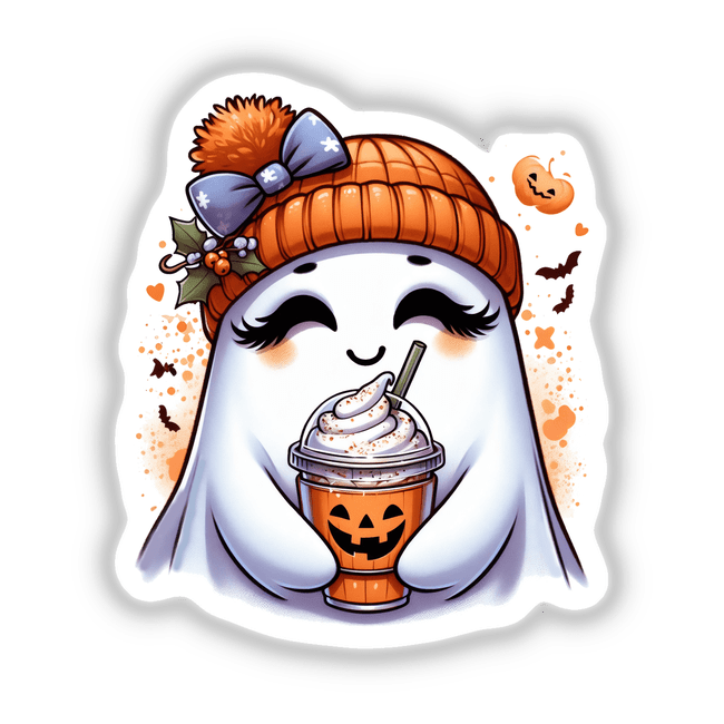 Cartoon ghost holding a pumpkin spice latte, titled Pumpkin Spice and Everything Nice Cute Ghost, available as stickers or digital artwork from Decal Venue.