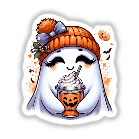 Cartoon ghost holding a pumpkin spice latte, titled Pumpkin Spice and Everything Nice Cute Ghost, available as stickers or digital artwork from Decal Venue.