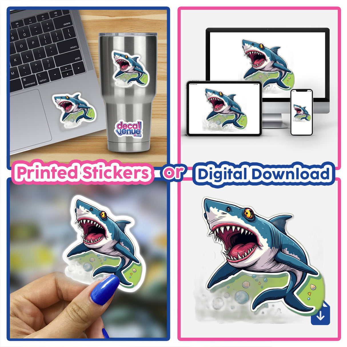 Mestre Tuba sticker showing a cartoon shark with its mouth open, available as stickers or digital artwork.