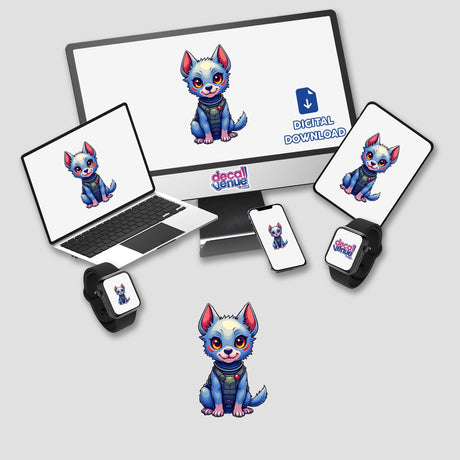 a laptop, phone, and other electronic devices with stickers on them