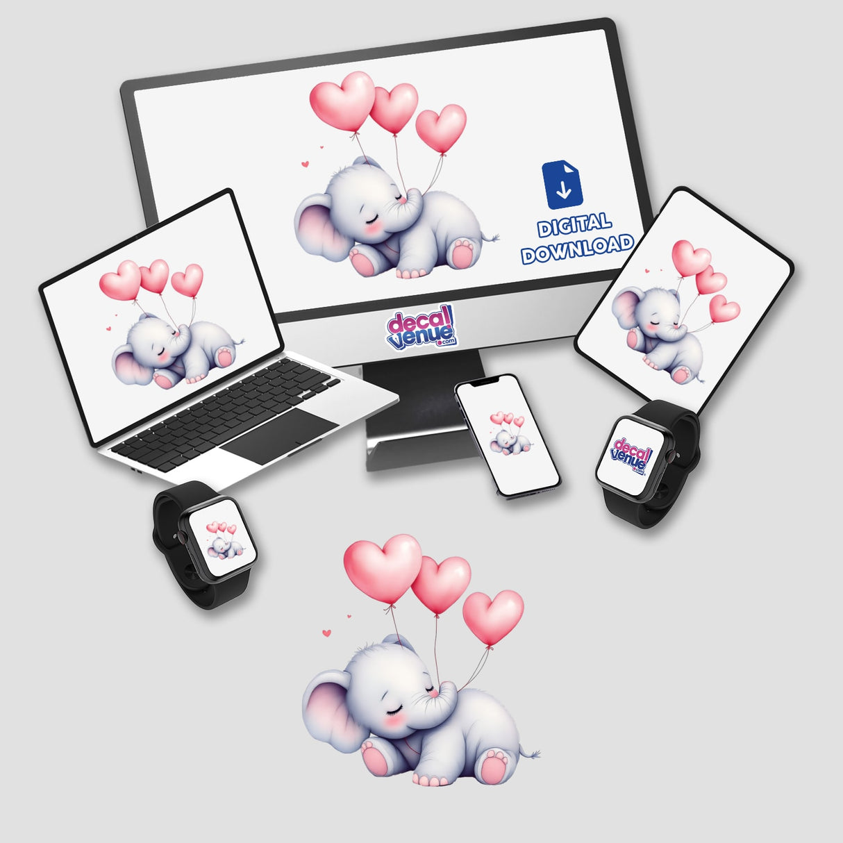 Sleepy Elephant on a Heart with Balloons design on laptop and smartwatch screens, showcasing whimsical digital art available as vinyl stickers or digital artwork from Decal Venue.