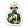Leprechaun Trump Holding Green Beer: A man in a green suit and hat holds a mug of green liquid, showcasing vibrant, unique digital artwork. Available as stickers or digital prints from Decal Venue.
