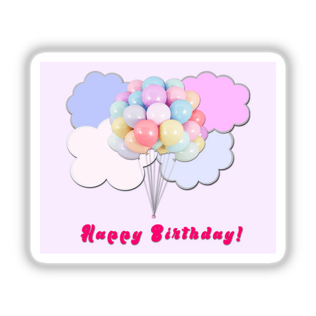 Pastel balloons floating in pink and lavender clouds on a pale pink background with "Happy Birthday!" text
