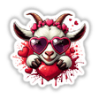 Peeking Goat Heart Splash: A cartoon goat peeks playfully, adorned with heart-shaped sunglasses and a wreath of hearts, available as unique stickers or digital artwork from Decal Venue.
