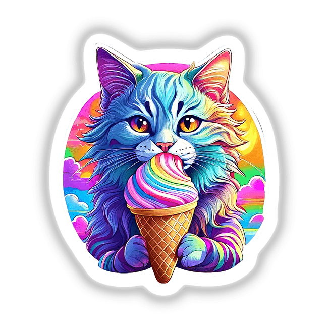 Colorful digital artwork depicting a vibrant cat with rainbow-colored fur and an ice cream cone.