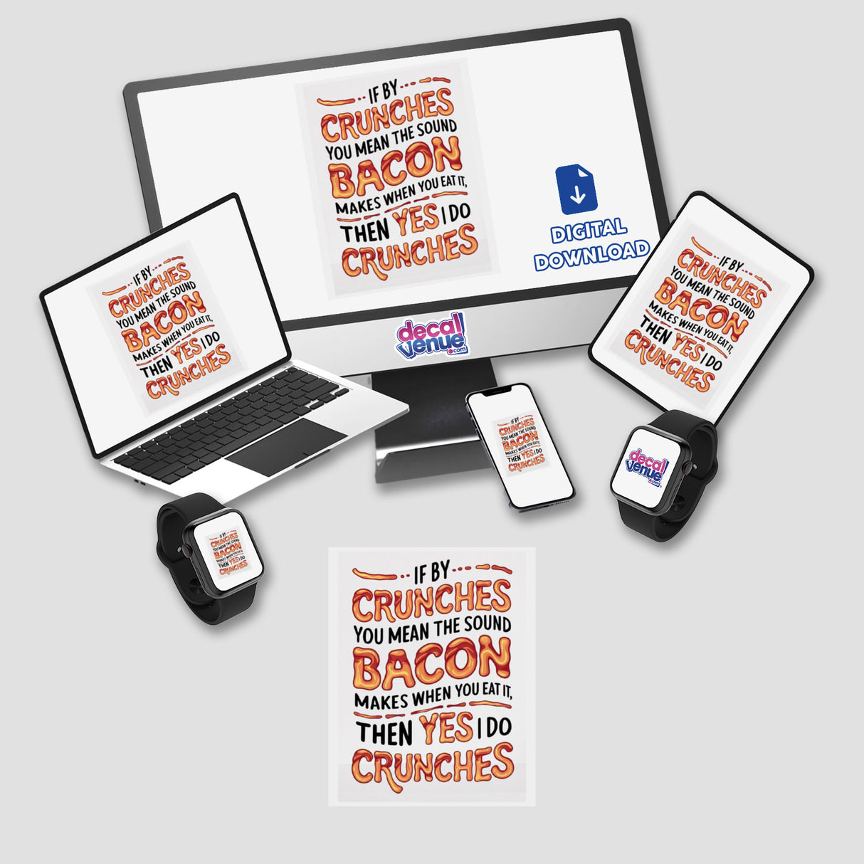 Fitness Joke - Funny Bacon Crunches Clipart for Gym Humor - Stickers or Commercial Rights Download: A computer monitor and laptop displaying bacon-themed gym humor clipart, with a smart watch nearby.