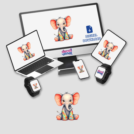 Cute Elephant With Flowers design displayed on a computer monitor and laptop. Available as stickers or digital artwork, featuring a cartoon elephant with floral accents, perfect for unique vinyl displays.