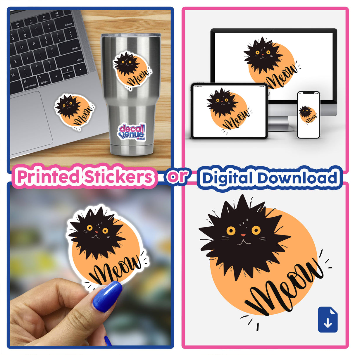 Collage featuring Crazy Cat Meow stickers and digital art, including a laptop adorned with cat stickers and close-ups of a cat-themed sticker held by a hand.