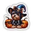 Halloween Yorkie Dog and Skulls: A dog wearing a hat and bow tie with pumpkins, perfect for stickers or digital artwork.