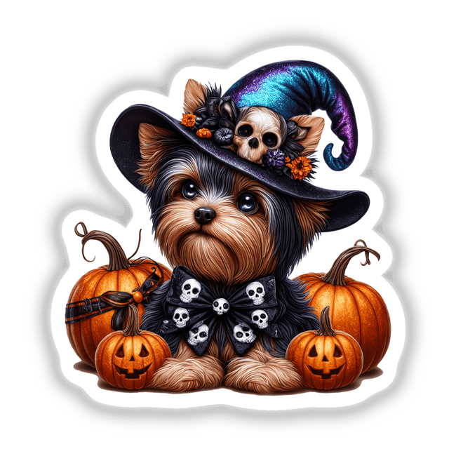 Halloween Yorkie Dog and Skulls: A dog wearing a hat and bow tie with pumpkins, perfect for stickers or digital artwork.