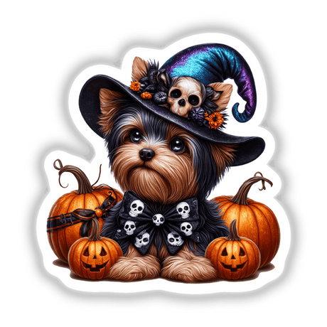 Halloween Yorkie Dog and Skulls: A dog wearing a hat and bow tie with pumpkins, perfect for stickers or digital artwork.