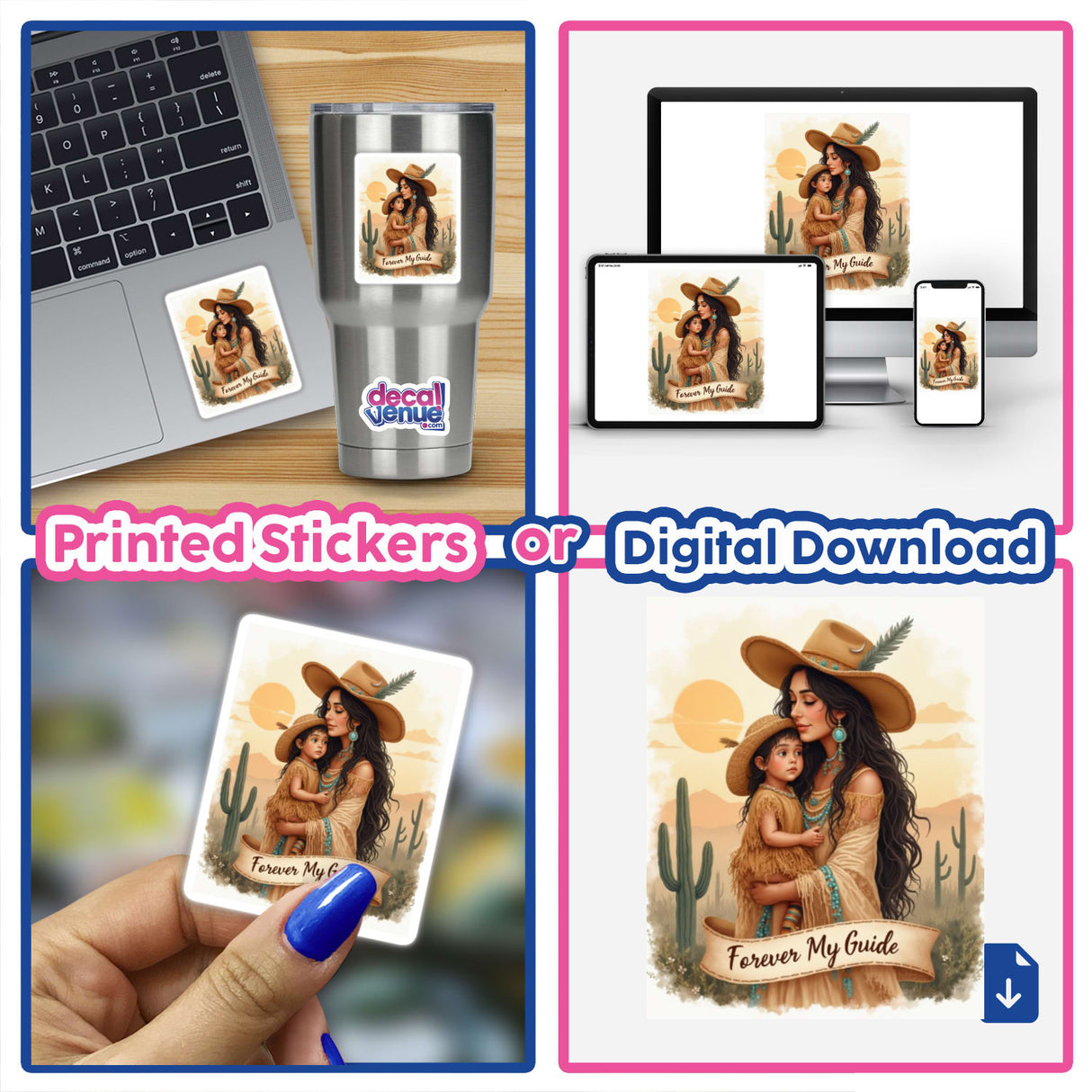 Boho Mystical Western Mother’s Day Sticker and Clipart titled Forever My Guide, featuring a woman holding a child, available as stickers or digital artwork with commercial rights.