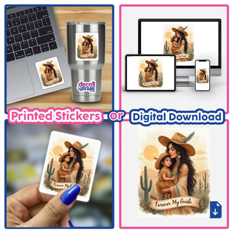 Boho Mystical Western Mother’s Day Sticker and Clipart titled Forever My Guide, featuring a woman holding a child, available as stickers or digital artwork with commercial rights.