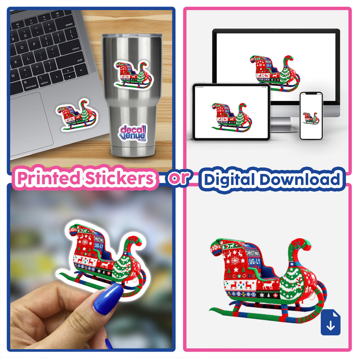Collage featuring Sleigh Ugly Christmas Sweater Style as a sticker or digital artwork, highlighting close-ups of decals and a knitted Christmas sleigh design.