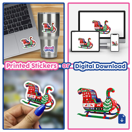 Collage featuring Sleigh Ugly Christmas Sweater Style as a sticker or digital artwork, highlighting close-ups of decals and a knitted Christmas sleigh design.