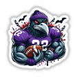 A cartoon bird wearing a football jersey and holding a football, titled Purple Raven Bird Wearing Football Jersey II, available as stickers or digital artwork.