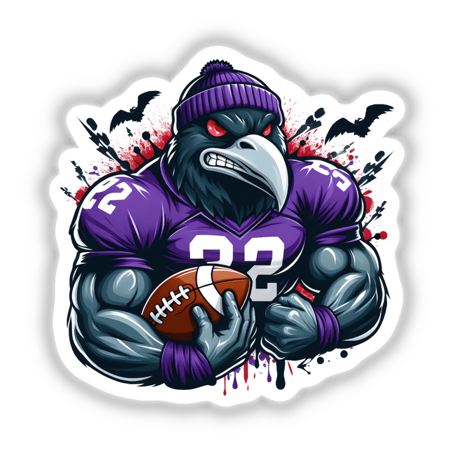 A cartoon bird wearing a football jersey and holding a football, titled Purple Raven Bird Wearing Football Jersey II, available as stickers or digital artwork.