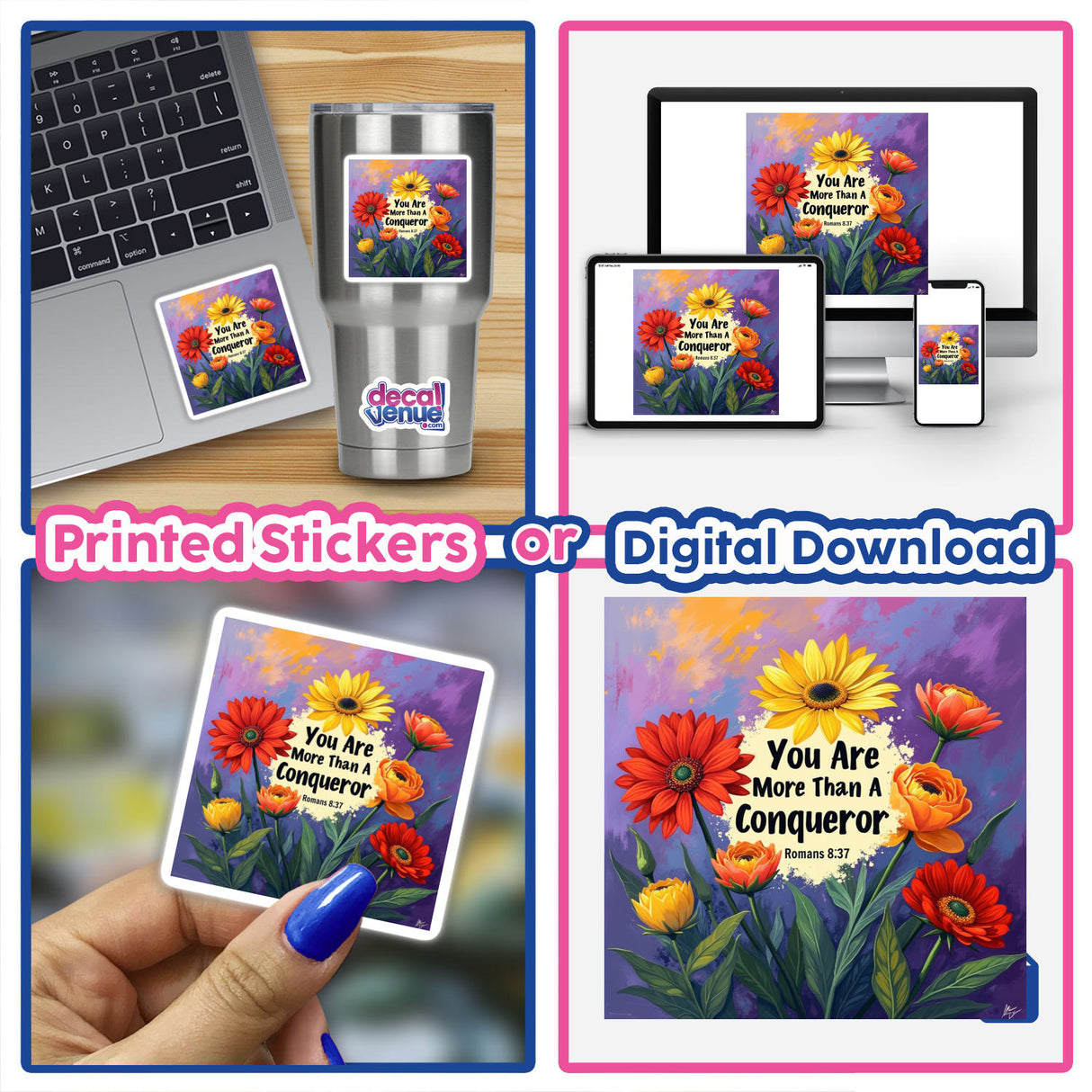 Fauvist Spring Ranunculus “You Are More Than A Conqueror” Romans 8:37 Sticker or Clipart featuring vibrant floral designs on electronic devices, available with commercial rights.