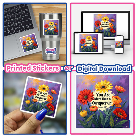 Fauvist Spring Ranunculus “You Are More Than A Conqueror” Romans 8:37 Sticker or Clipart featuring vibrant floral designs on electronic devices, available with commercial rights.