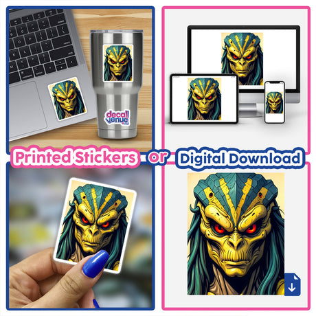 Collage featuring A Cool Alien Predator Soldier sticker on a laptop, alongside cartoon depictions of alien creatures, reflecting Decal Venue's unique vinyl sticker and digital art offerings.