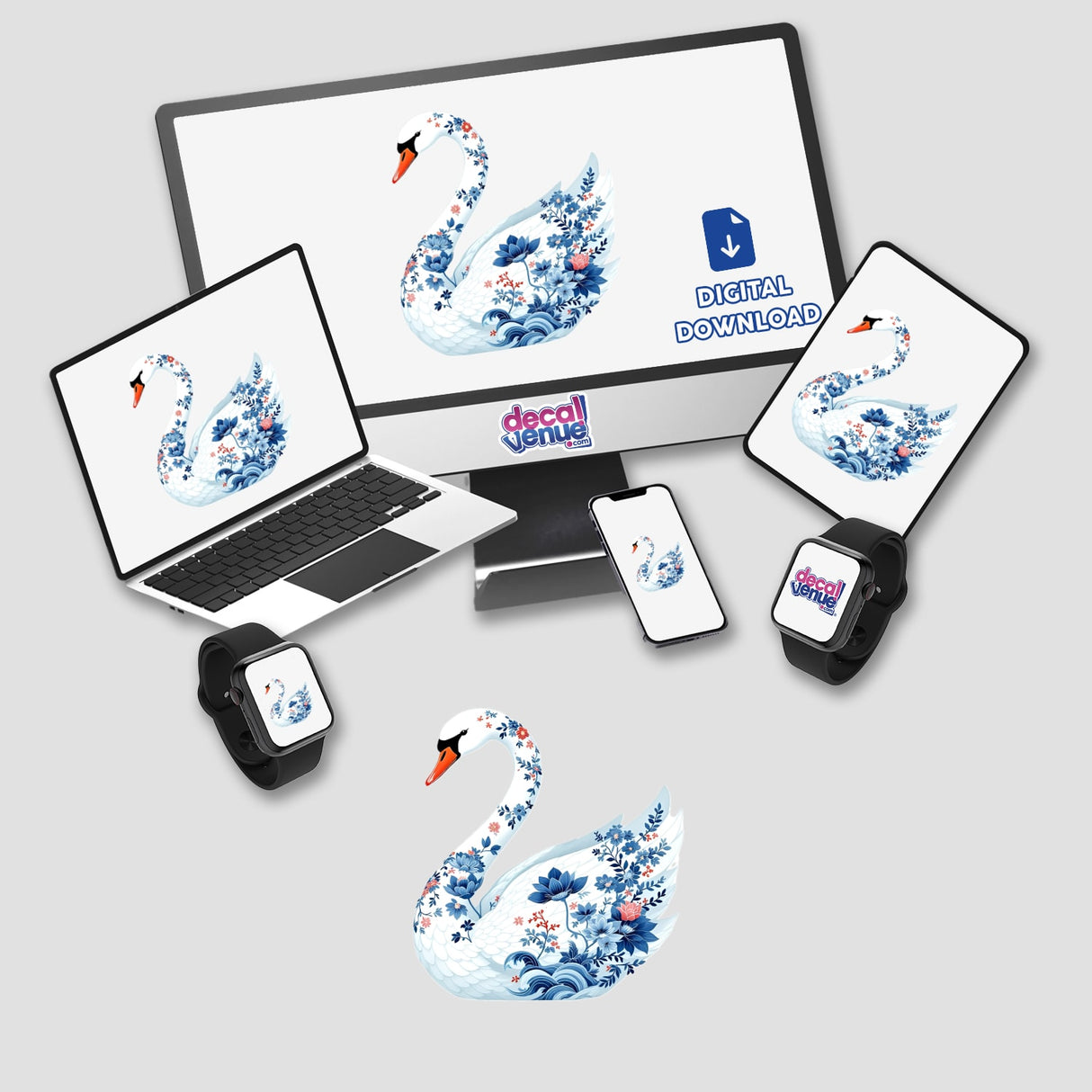 Chinoiserie Swan digital artwork displayed across a laptop, tablet, phone, and smartwatch screens, featuring a white swan with blue flowers, available as stickers or digital art.